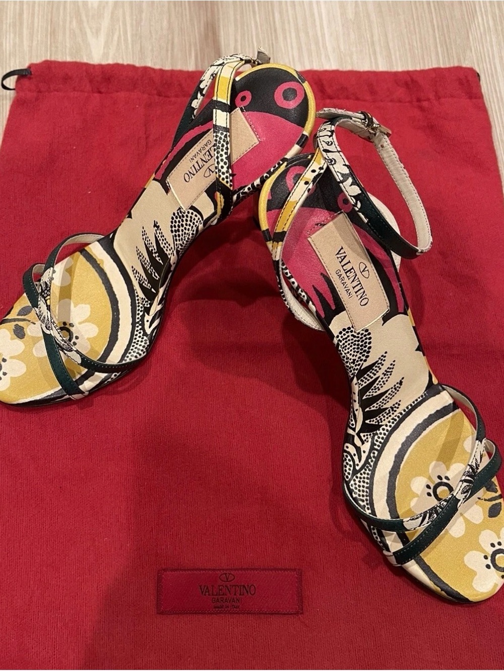 Valentino Garavani Yellow, Black & Cream Floral Ankle-Strap Heels